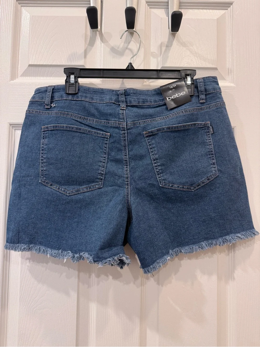 bebe Dark Blue Denim Studded Frayed-Hem Shorts